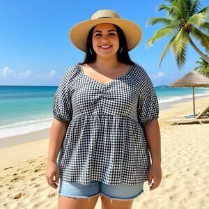 Women Plus Sz 2X Blouse Tiered Babydoll Puff Sleeve Top Cotton Gingham Bohemian